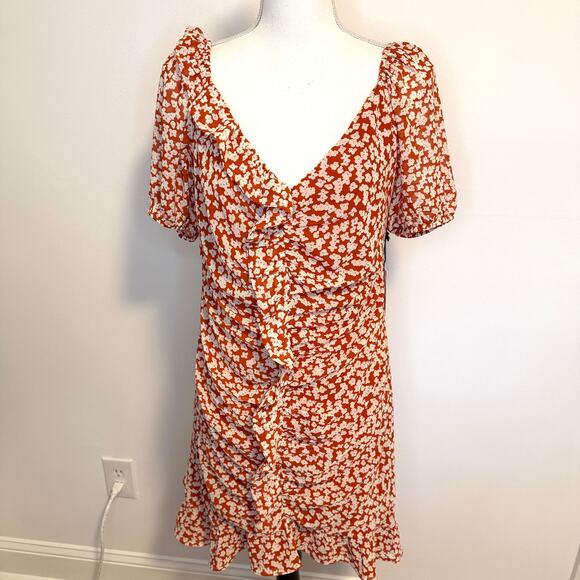 ASTR The Label Ditsy Floral Ruffle Mini Dress In Rust Orange White Size XL New - Picture 3 of 15